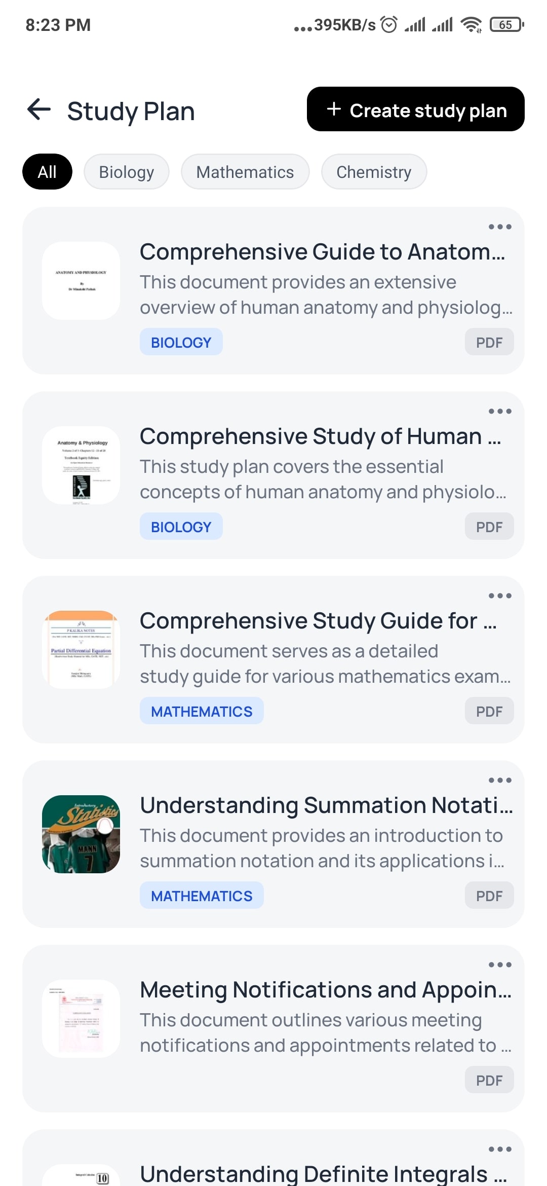List of study plans created from uploaded PDFs across biology, mathematics and chemistry