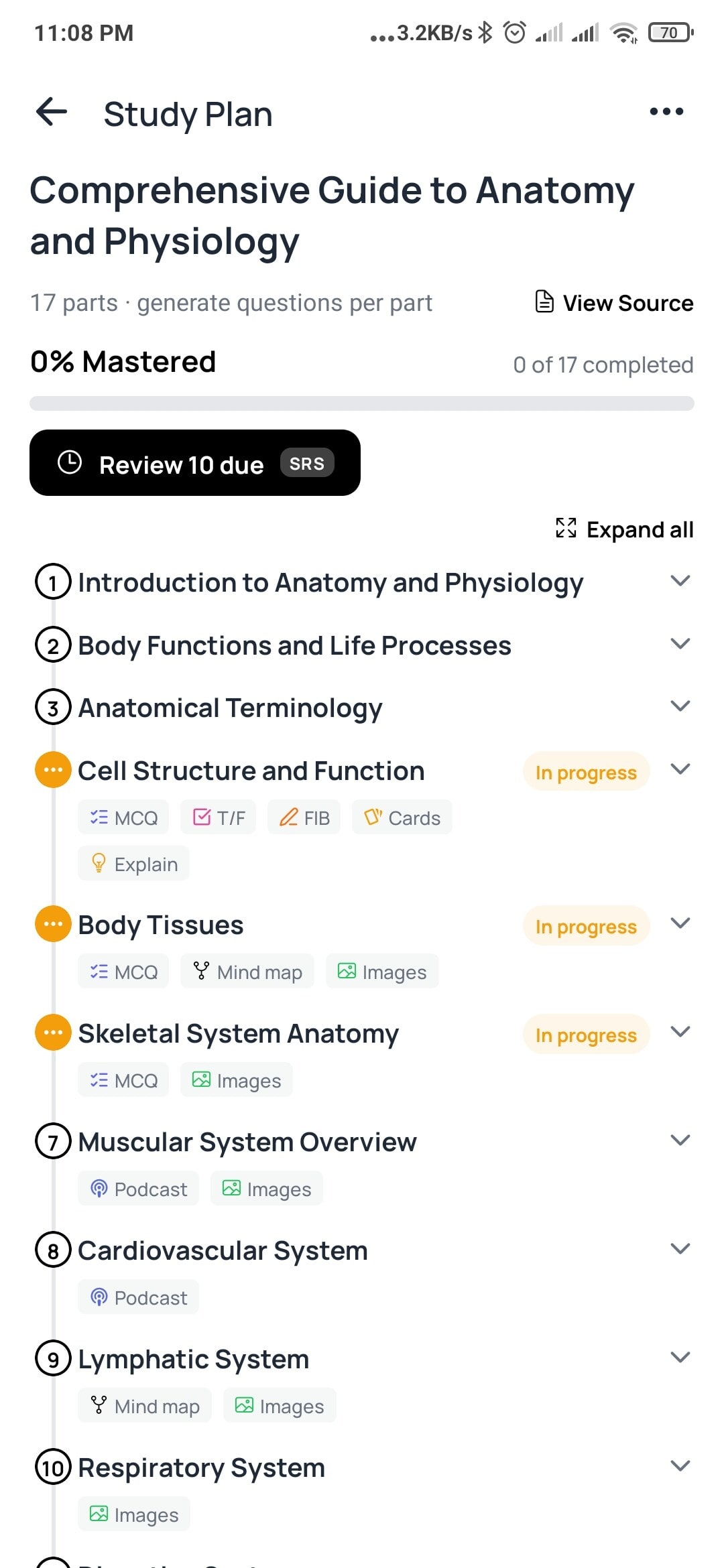 A study plan generated from a PDF, broken into 17 numbered parts with mastery tracking